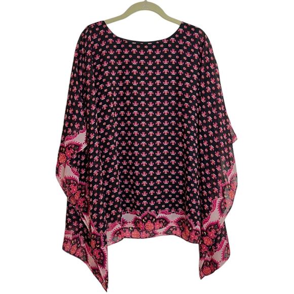 JM Collection Womens Poncho Top Large Black Pink Floral Boho Sheer Scarf Hem - Picture 1 of 6